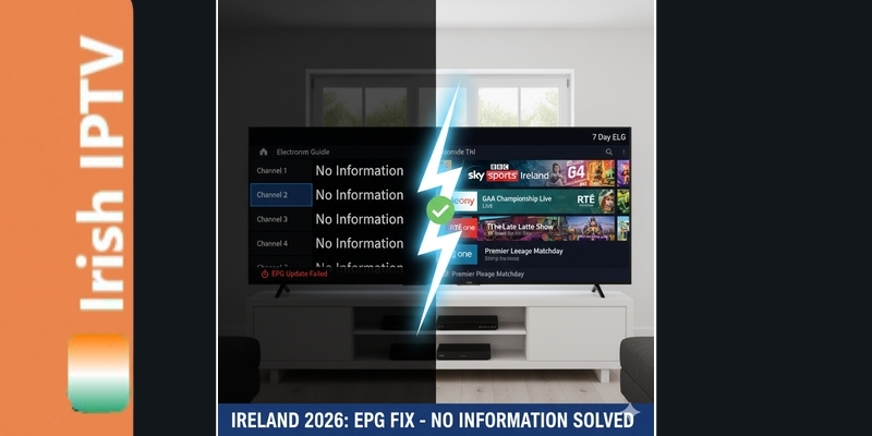 A comparison showing a blank IPTV guide with No Information vs a fully populated 7-day EPG for Irish channels on a smart TV.