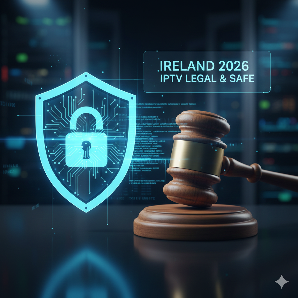 A digital shield and legal gavel representing safe and legal IPTV streaming in Ireland 2026.