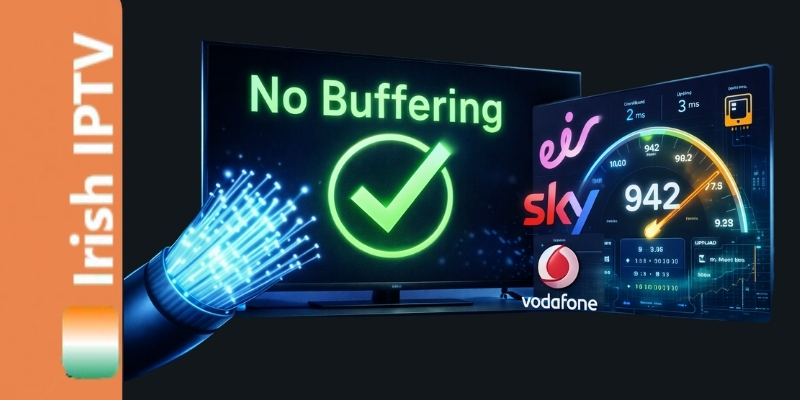 A 4K TV showing a lag-free IPTV stream with Eir and Sky broadband logos, illustrating how to fix buffering in Ireland.