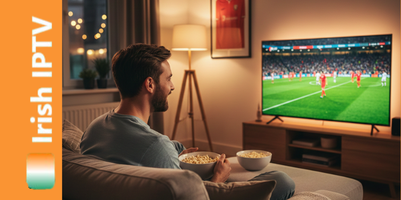 A happy man sitting on a couch watching a high-quality 4K football match on a large TV screen using a premium Irish IPTV service.