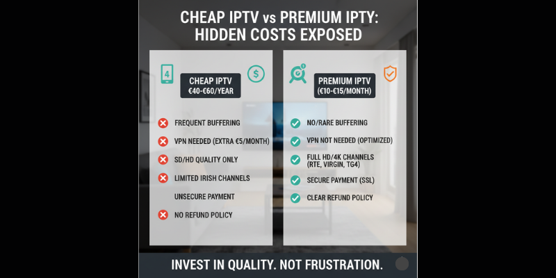 A comparison chart showing hidden costs of cheap IPTV versus the benefits of premium Irish IPTV.
