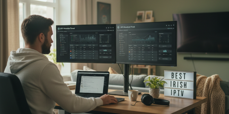 A professional home office setup featuring a man managing an IPTV reseller dashboard on multiple monitors with a "Best Irish IPTV" sign on the desk.