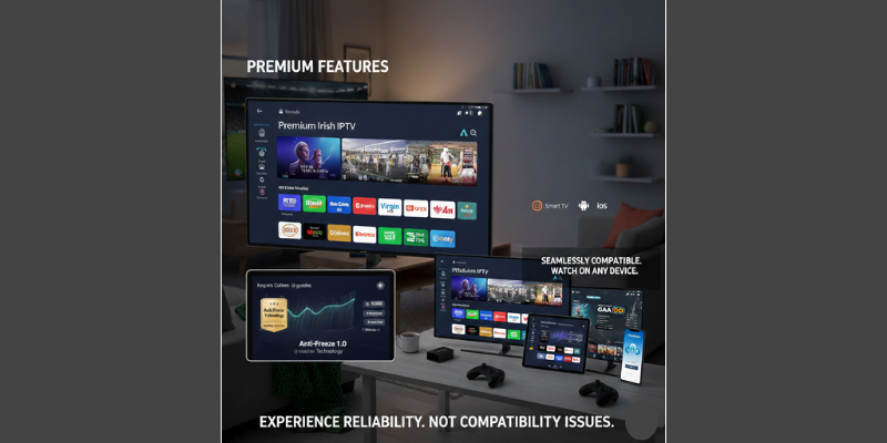 Multiple devices showing the Premium Irish IPTV interface with the text Premium Irish IPTV on screen.
